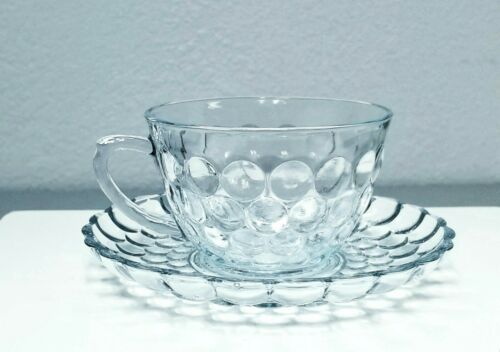 Vintage Anchor Hocking Sapphire Blue Bubble Glass Cup And Saucer Set 1940's