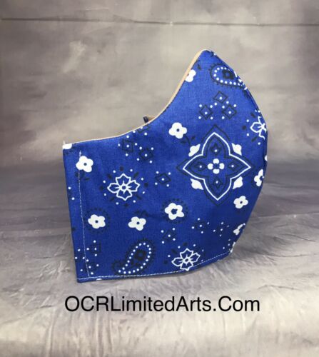 Blue Bandanna Pattern 3 Layer Fitted Face Mask Face Cover