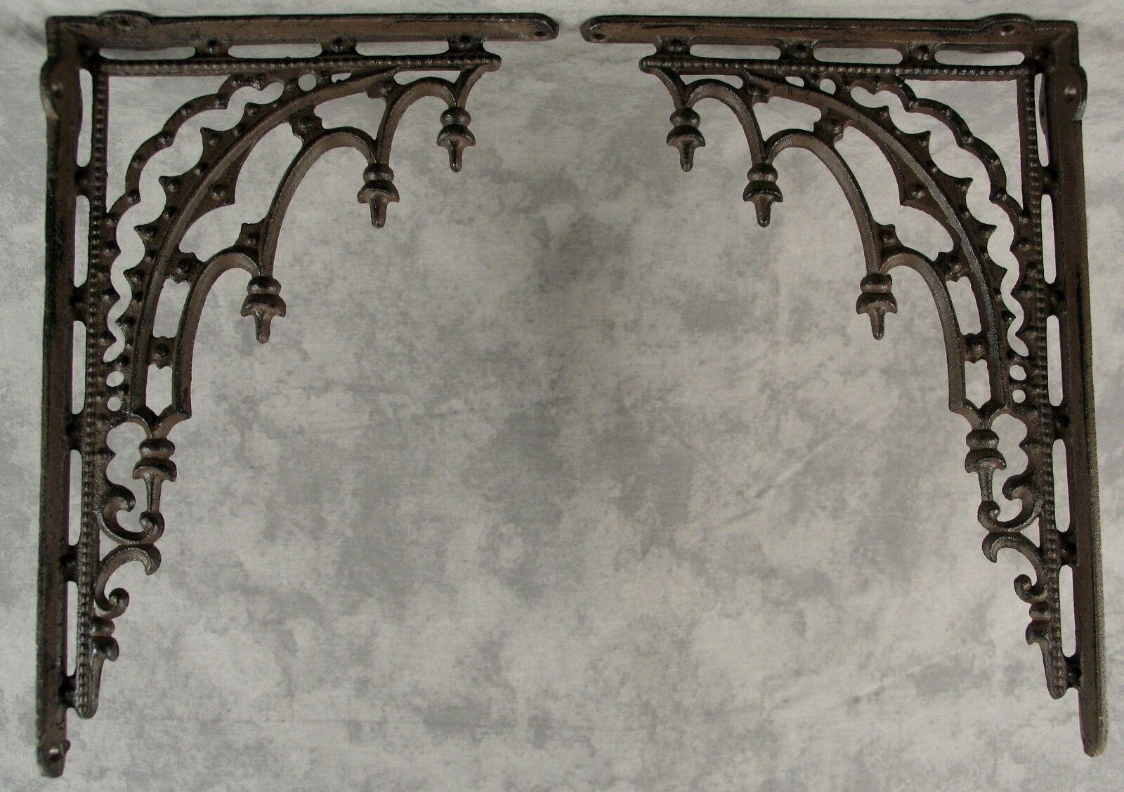 2 Architectural Gothic Renaissance Cast Iron Shelf Wall Corner Brackets Brown
